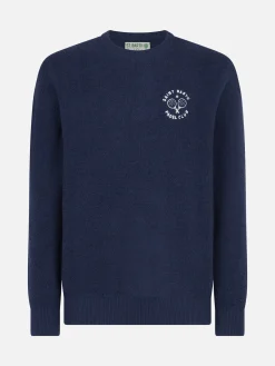 Bluette-Bouclé-Pullover für Herren mit Rundhalsausschnitt und Saint Barth Padel Club-Stickerei