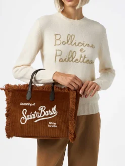 Braune Cord-Handtasche Colette mit Logo-Stickerei