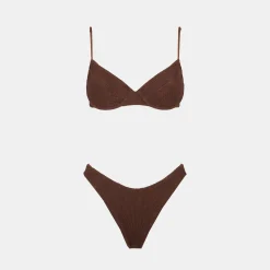 Brauner Bralette-Bikini für Damen in Crinkle-Optik mit Bügeln