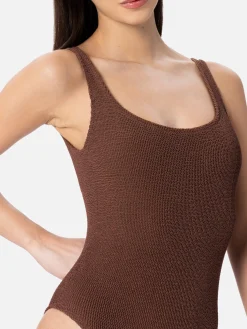 Brauner Crinkle-Einteiler-Badeanzug für Damen Lora