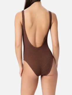 Brauner Crinkle-Einteiler-Badeanzug für Damen Lora