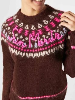 Brauner Damen-Rundhalspullover aus nordischem Jacquard