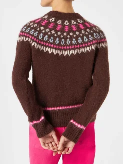 Brauner Damen-Rundhalspullover aus nordischem Jacquard