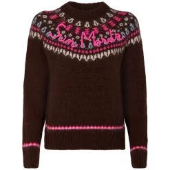 Brauner Damen-Rundhalspullover aus nordischem Jacquard