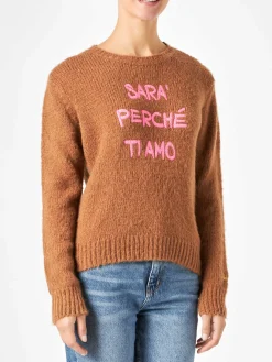 Brauner gebürsteter Damenpullover mit Stickerei