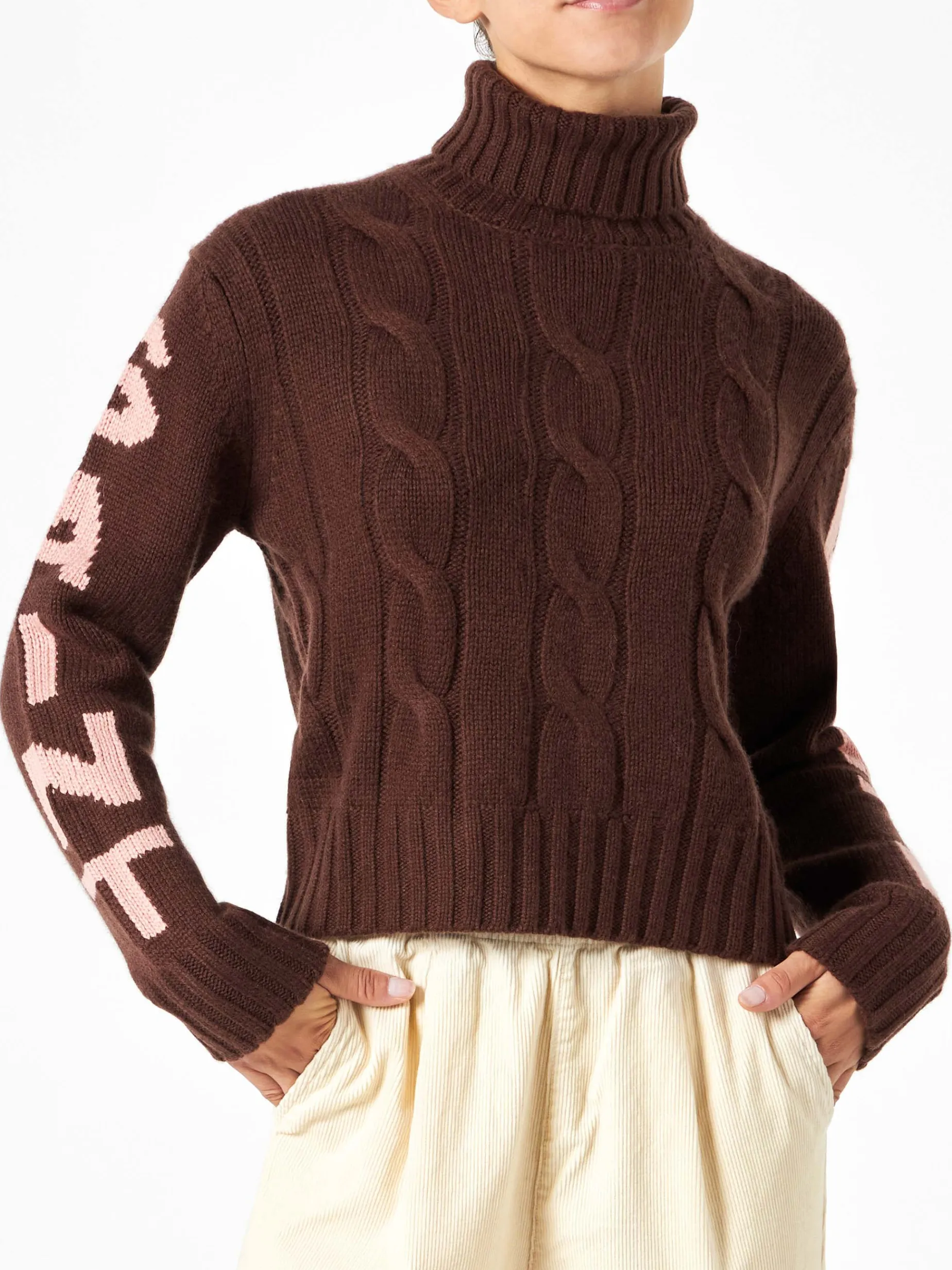 Brauner geflochtener Rollkragenpullover für Damen