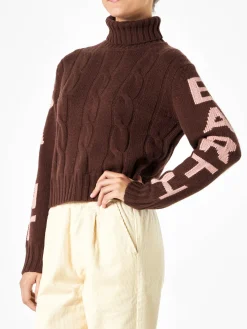 Brauner geflochtener Rollkragenpullover für Damen