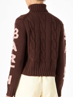 Brauner geflochtener Rollkragenpullover für Damen