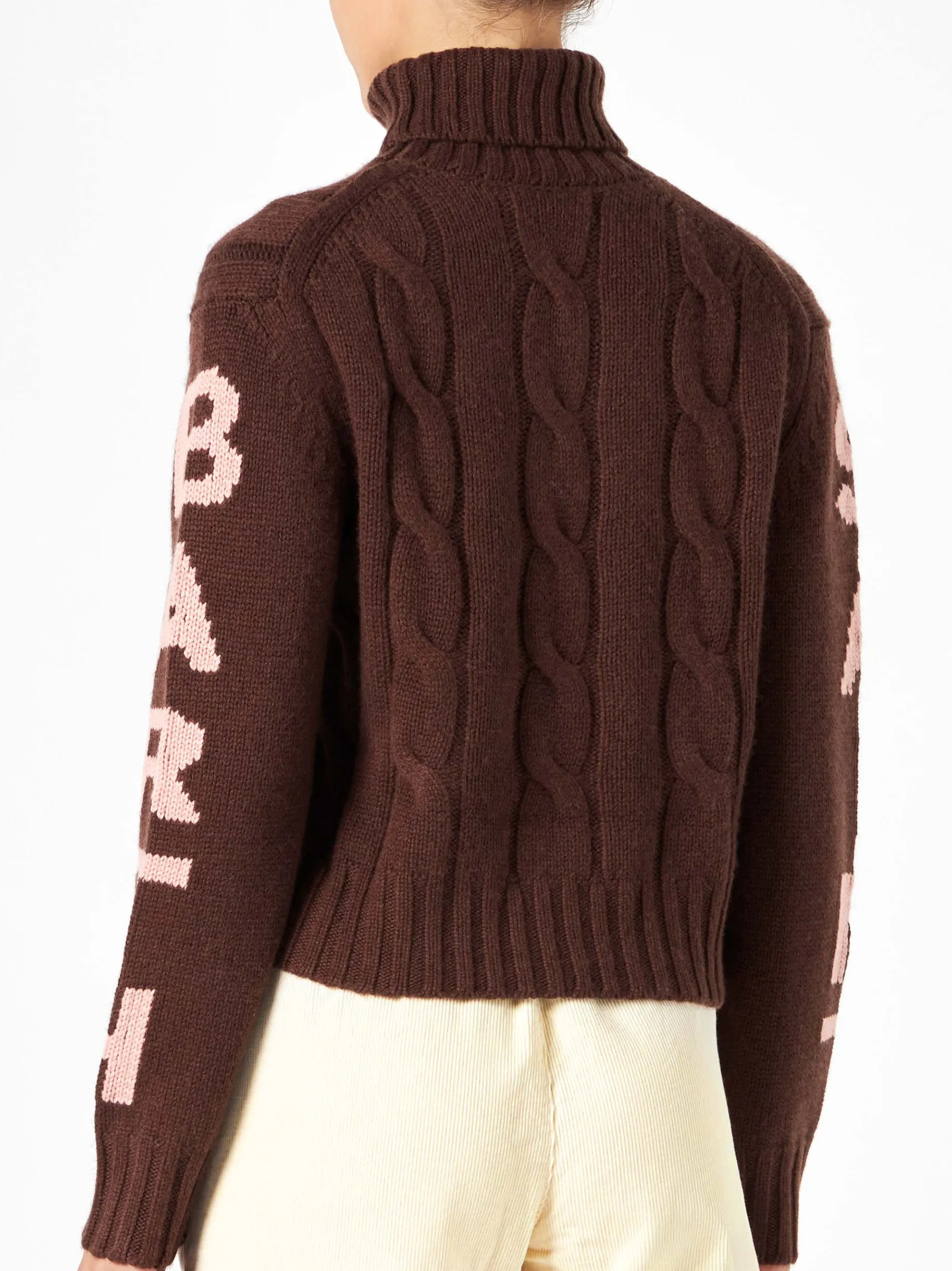 Brauner geflochtener Rollkragenpullover für Damen