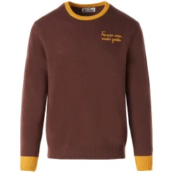 Brauner Herrenpullover mit Faccio-Cose- und Vedo-Gente-Stickerei