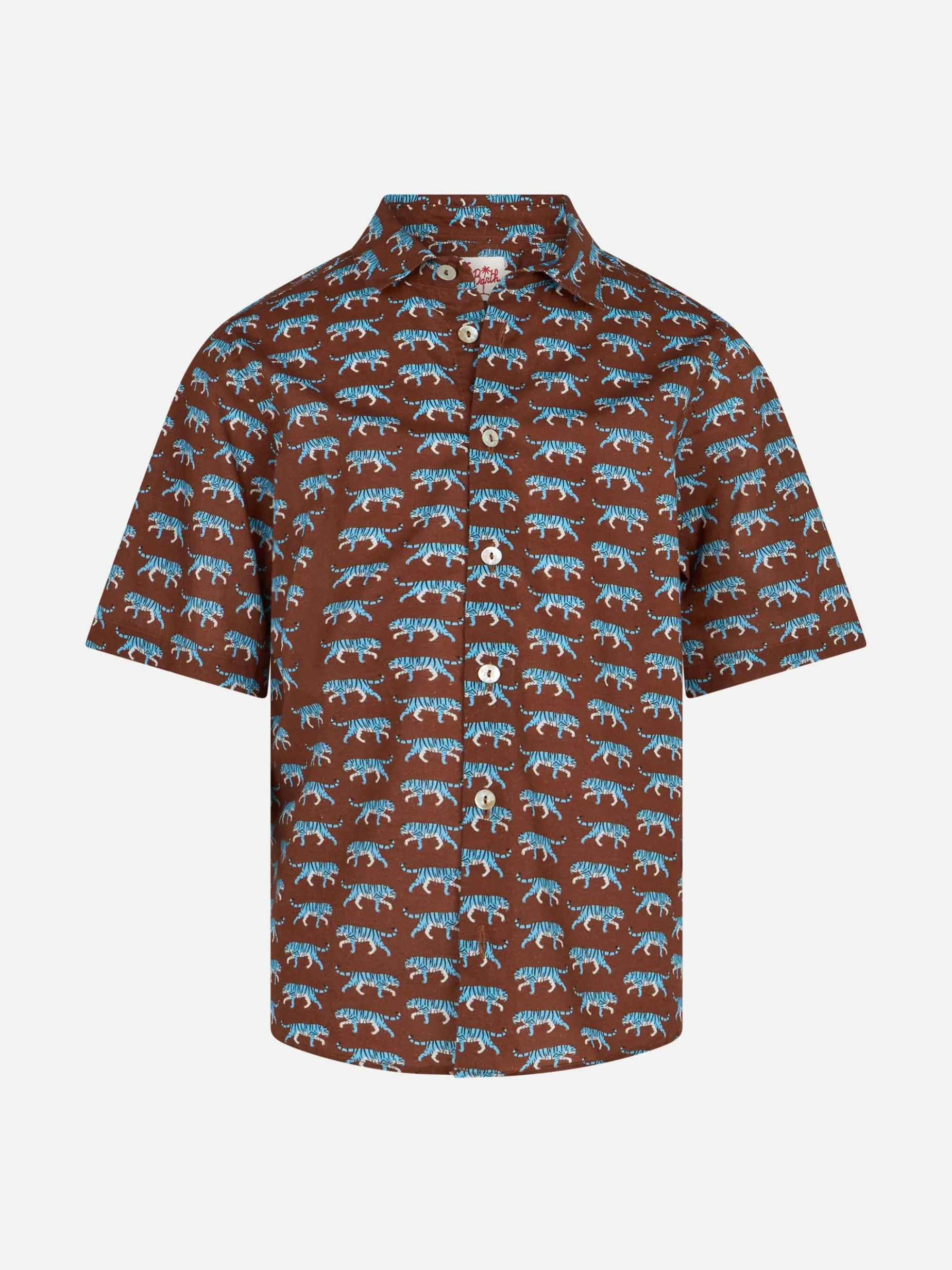 Braunes Boy-Musselin-Baumwollhemd Sharouk mit Tiger-Print