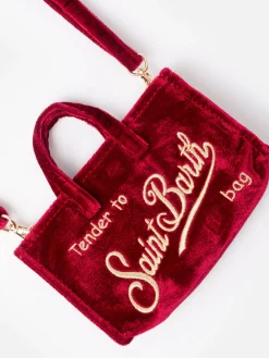 Burgunderfarbene Telefontasche aus Samt mit Saint Barth-Logostickerei