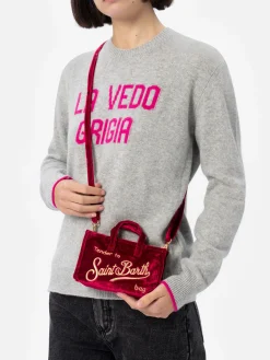 Burgunderfarbene Telefontasche aus Samt mit Saint Barth-Logostickerei