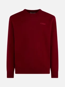 Burgunderroter Herrenpullover mit Rundhalsausschnitt und St. Barth-Stickerei