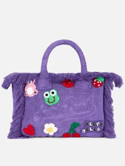 Colette – weiche Handtasche aus violettem Frottee mit mehreren Patches | BEEPY BELLA SPECIAL EDITION