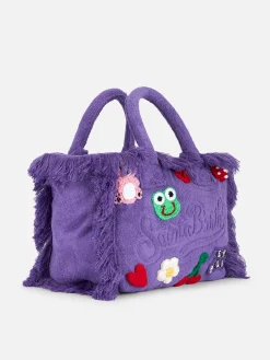 Colette – weiche Handtasche aus violettem Frottee mit mehreren Patches | BEEPY BELLA SPECIAL EDITION