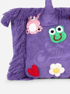 Colette – weiche Handtasche aus violettem Frottee mit mehreren Patches | BEEPY BELLA SPECIAL EDITION