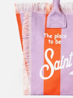 Colette-Handtasche aus Baumwollcanvas mit lila und roten Streifen
