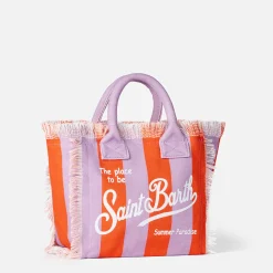 Colette-Handtasche aus Baumwollcanvas mit lila und roten Streifen