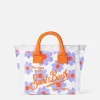 Colette-Handtasche aus Frottee mit violettem und orangefarbenem Gänseblümchen-Print