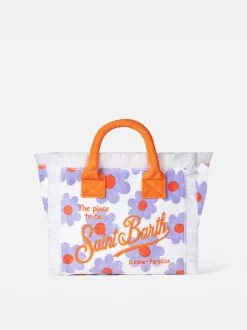 Colette-Handtasche aus Frottee mit violettem und orangefarbenem Gänseblümchen-Print