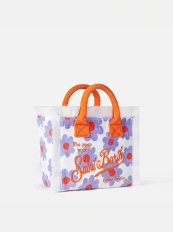 Colette-Handtasche aus Frottee mit violettem und orangefarbenem Gänseblümchen-Print