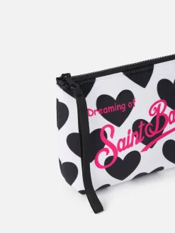 Cremefarbene Wollpochette Aline mit Herz-Print