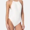 Cremefarbener Neckholder-Badeanzug für Damen