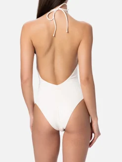 Cremefarbener Neckholder-Badeanzug für Damen
