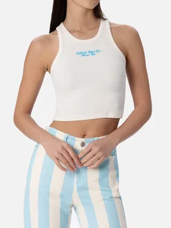 Crop-Top aus Baumwolle im Rippenstrick für Damen mit Saint Barth Beach Club-Stickerei