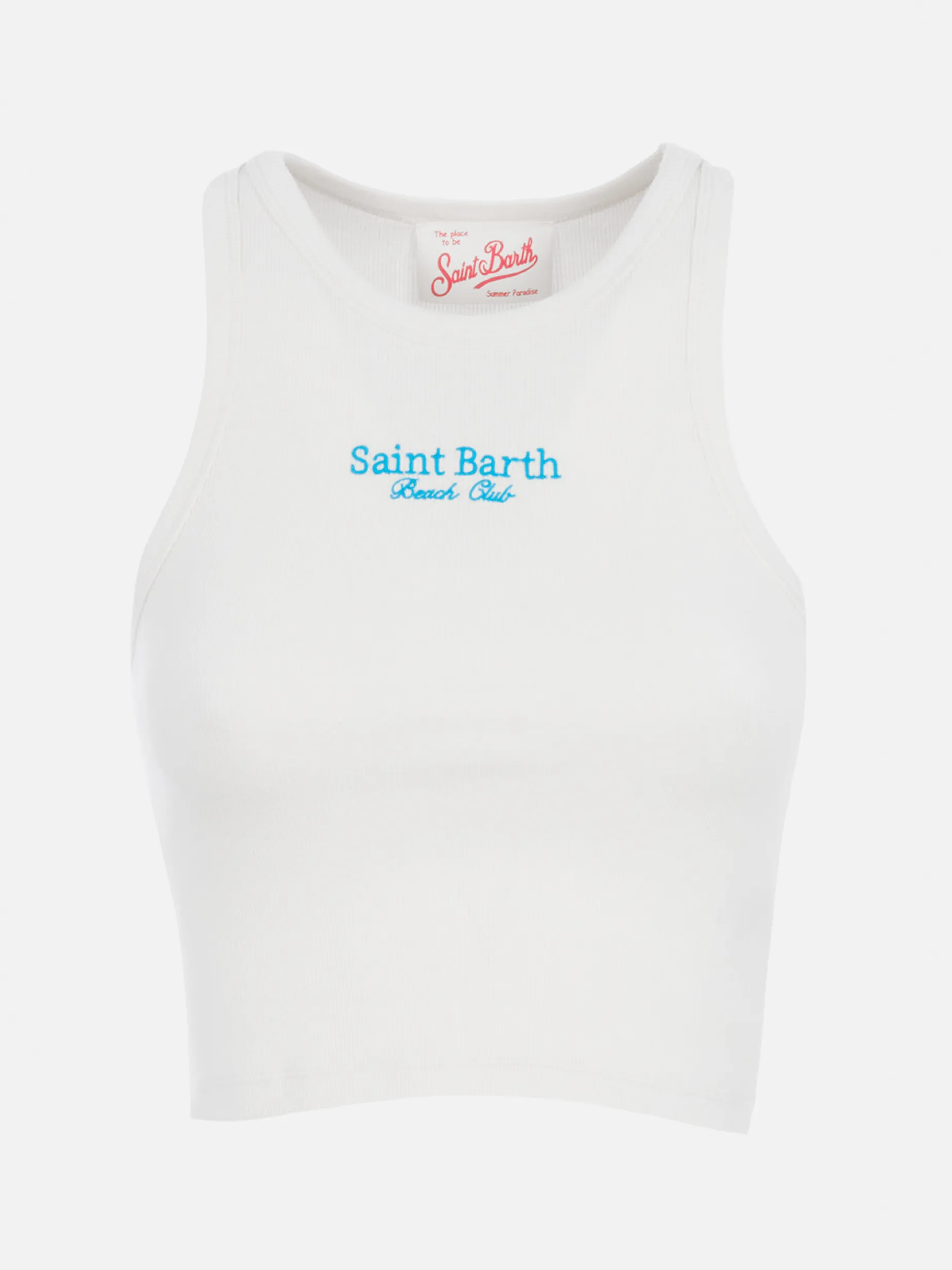 Crop-Top aus Baumwolle im Rippenstrick für Damen mit Saint Barth Beach Club-Stickerei