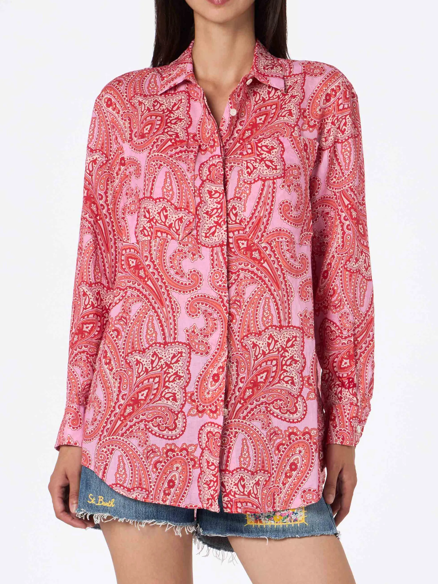 Damen Leinenhemd Alodie mit Paisley-Print und Taschen