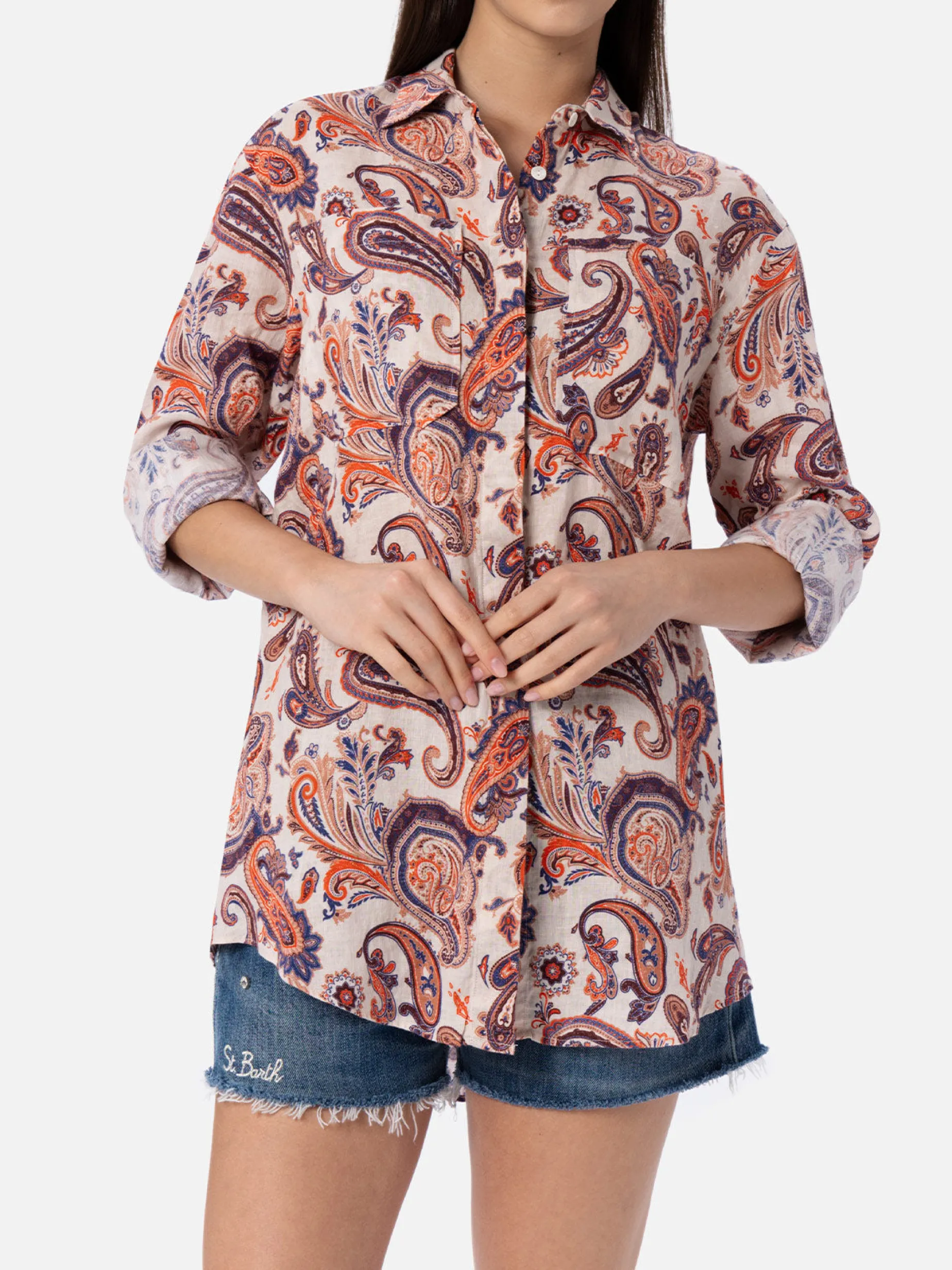 Damen Leinenhemd Alodie mit Paisley-Print und Taschen