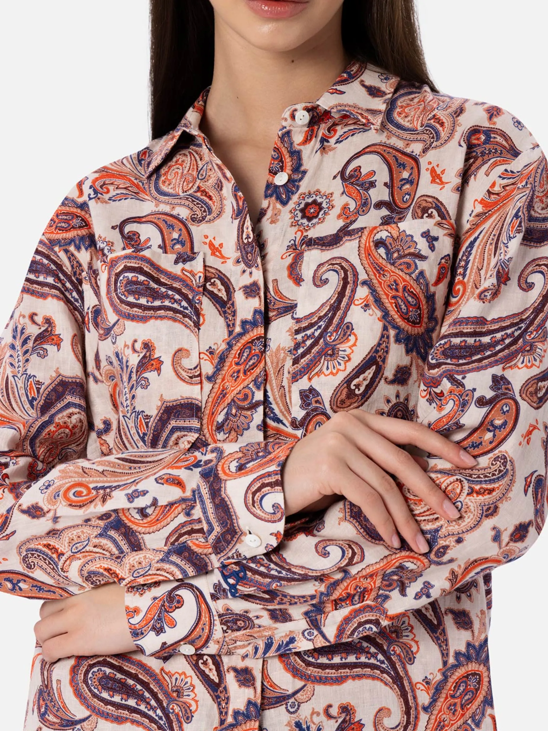Damen Leinenhemd Alodie mit Paisley-Print und Taschen