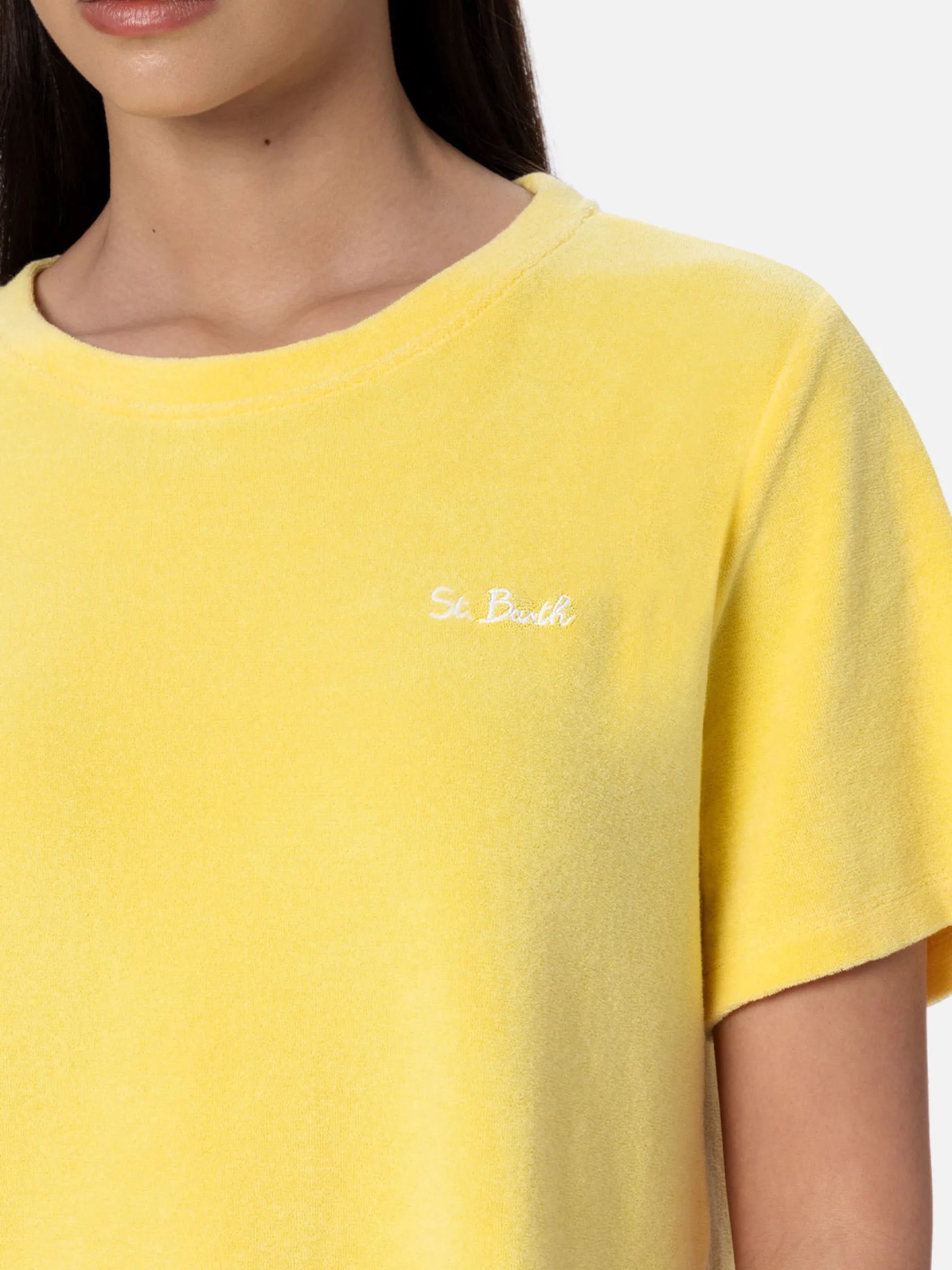 Damen T-Shirt Emilie aus hellgelber Frottee-Baumwolle mit Rundhalsausschnitt