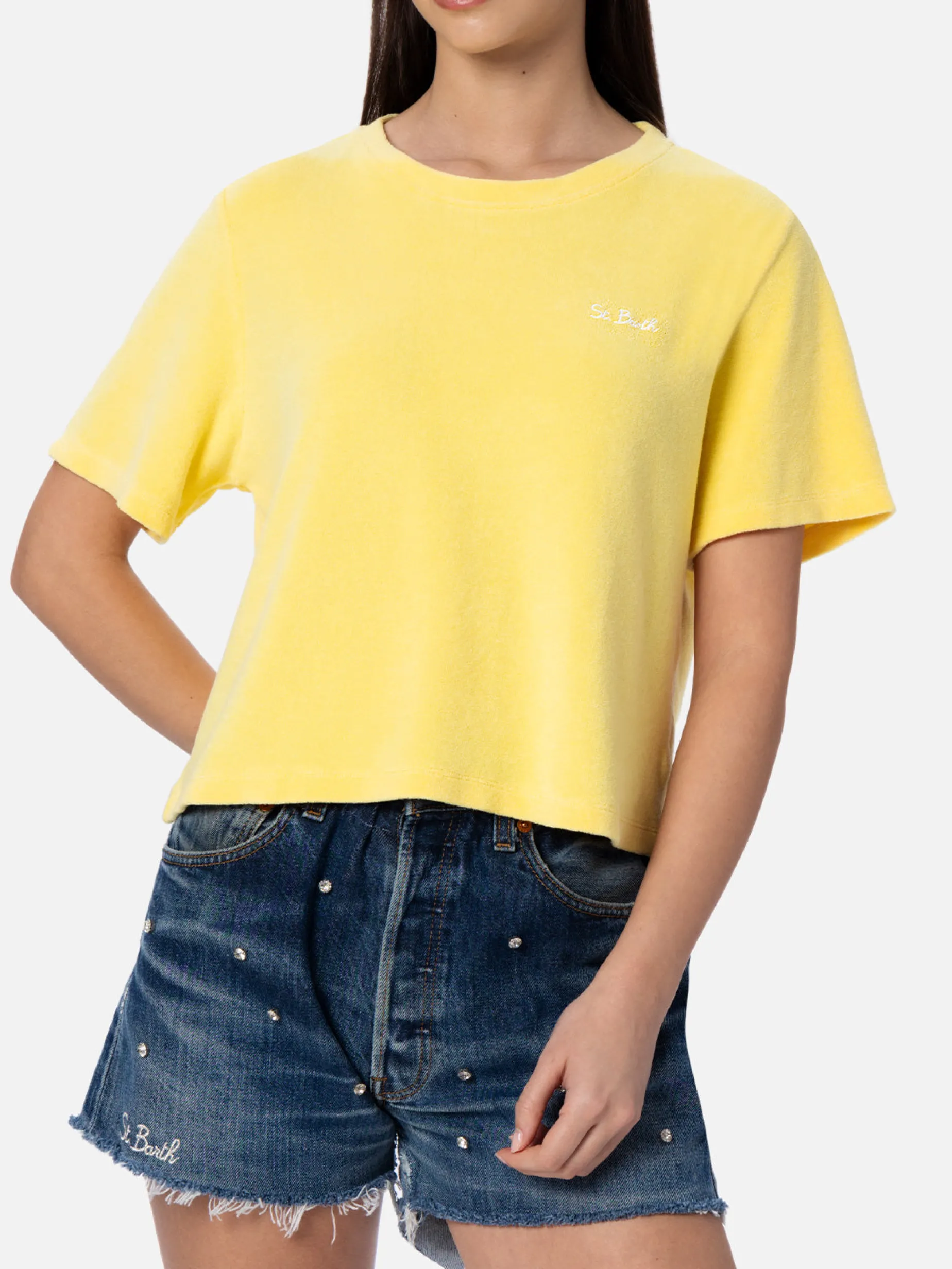Damen T-Shirt Emilie aus hellgelber Frottee-Baumwolle mit Rundhalsausschnitt