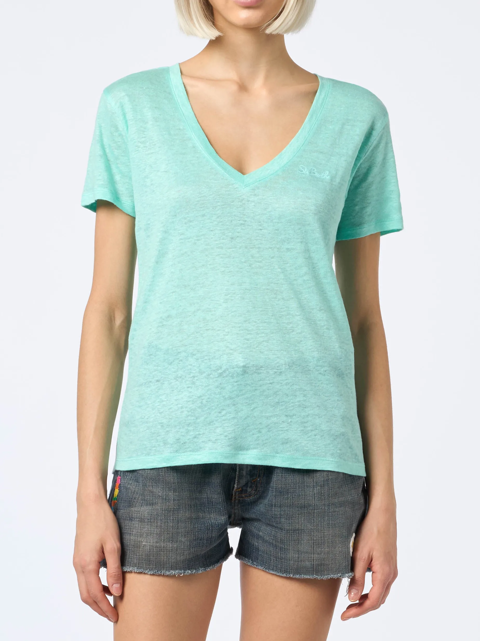 Damen T-Shirt mit V-Ausschnitt, Leinenjersey, Salbeigrün, Eloise