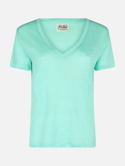 Damen T-Shirt mit V-Ausschnitt, Leinenjersey, Salbeigrün, Eloise