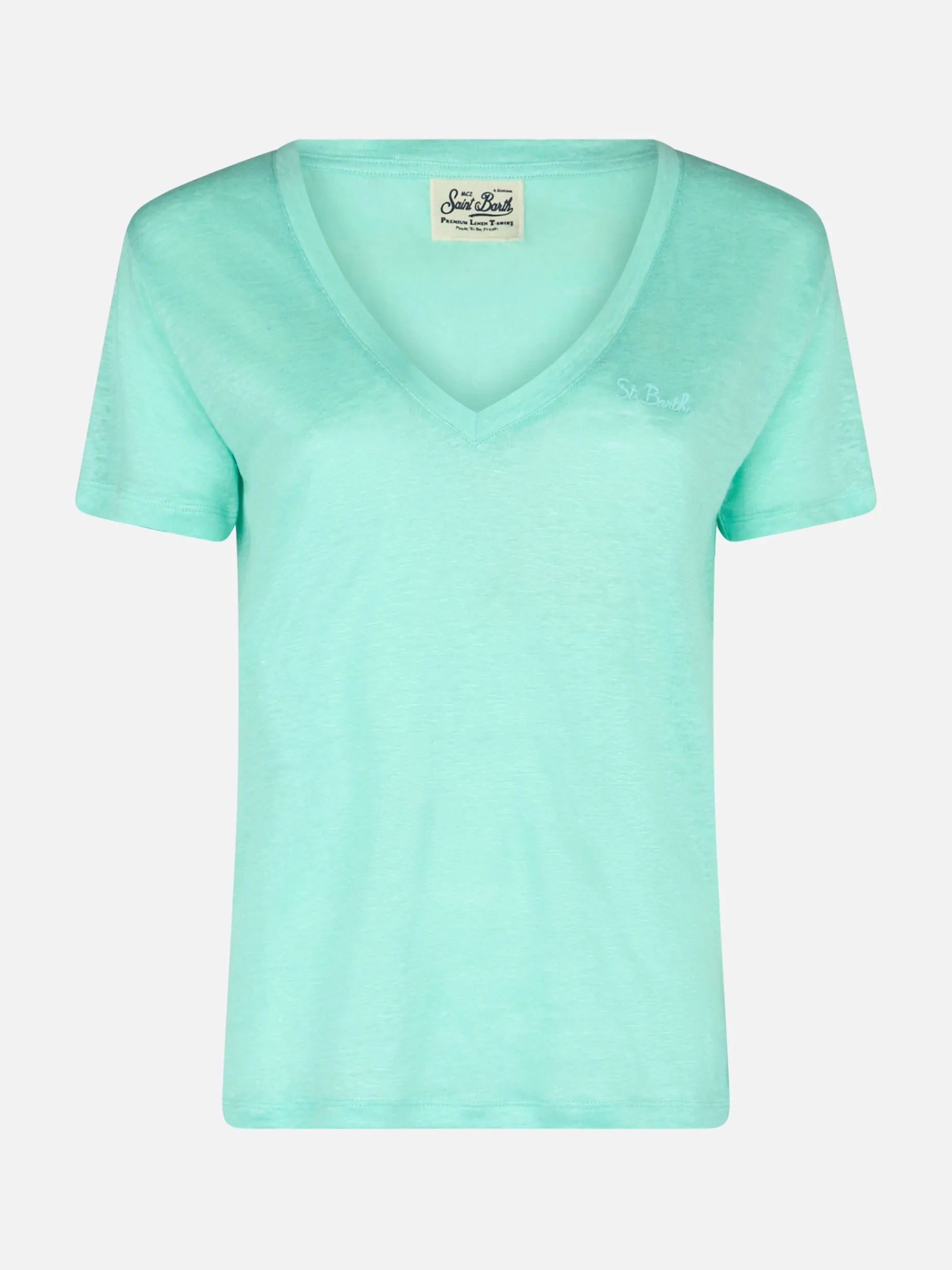 Damen T-Shirt mit V-Ausschnitt, Leinenjersey, Salbeigrün, Eloise