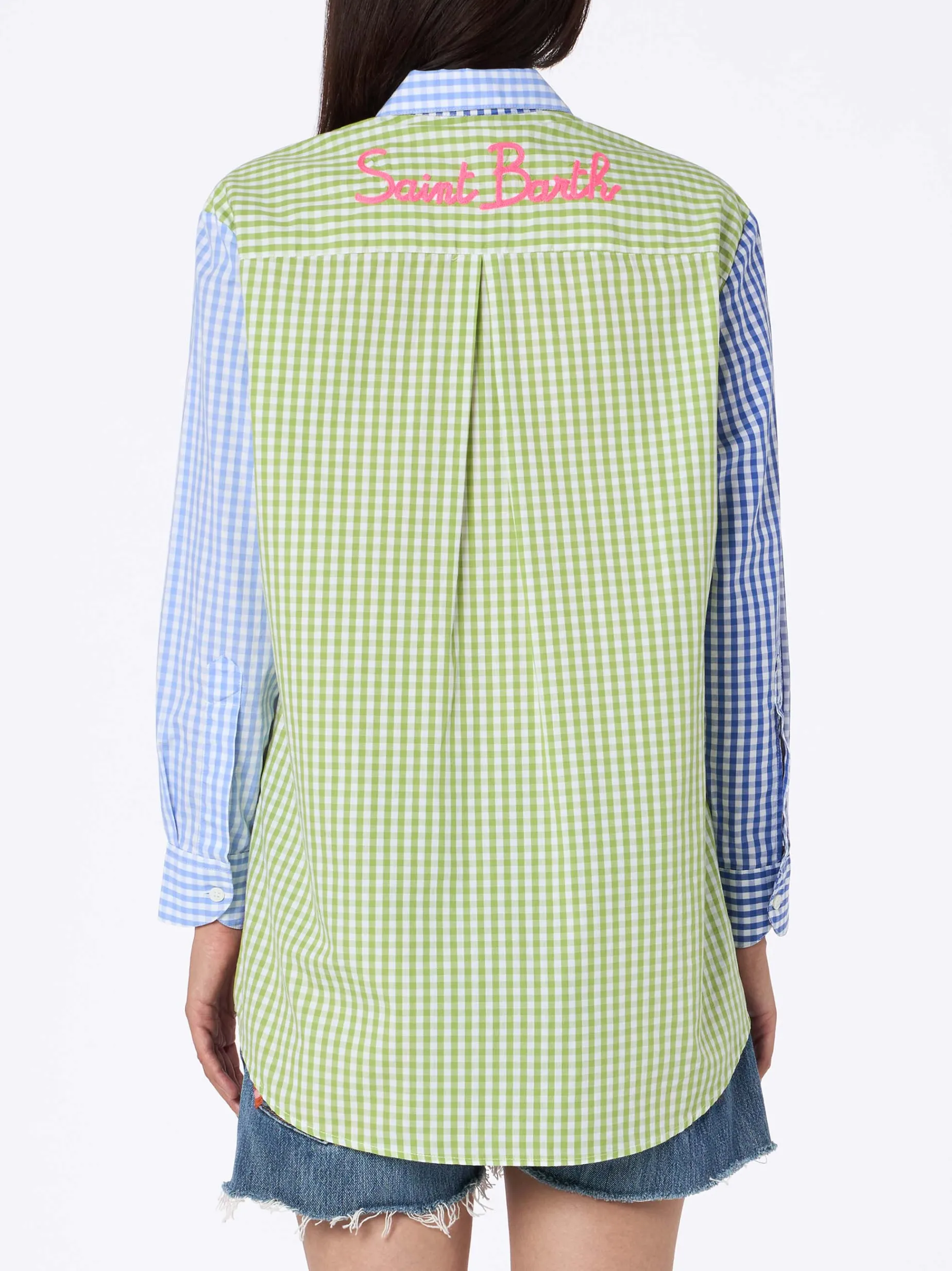 Damen-Baumwollhemd Brigitte mit mehrfarbigem Vichy-Druck und Saint Barth-Stickerei