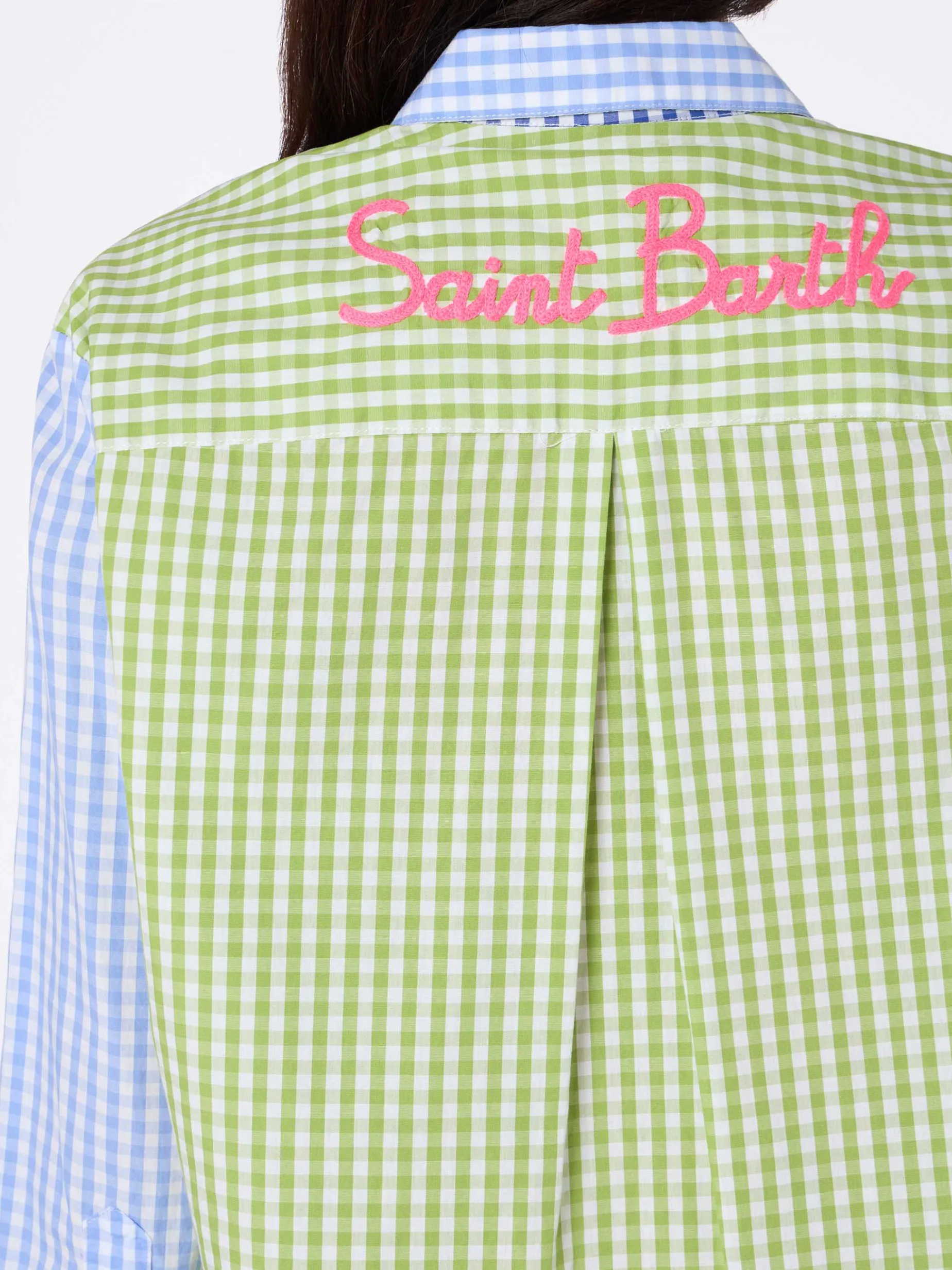 Damen-Baumwollhemd Brigitte mit mehrfarbigem Vichy-Druck und Saint Barth-Stickerei