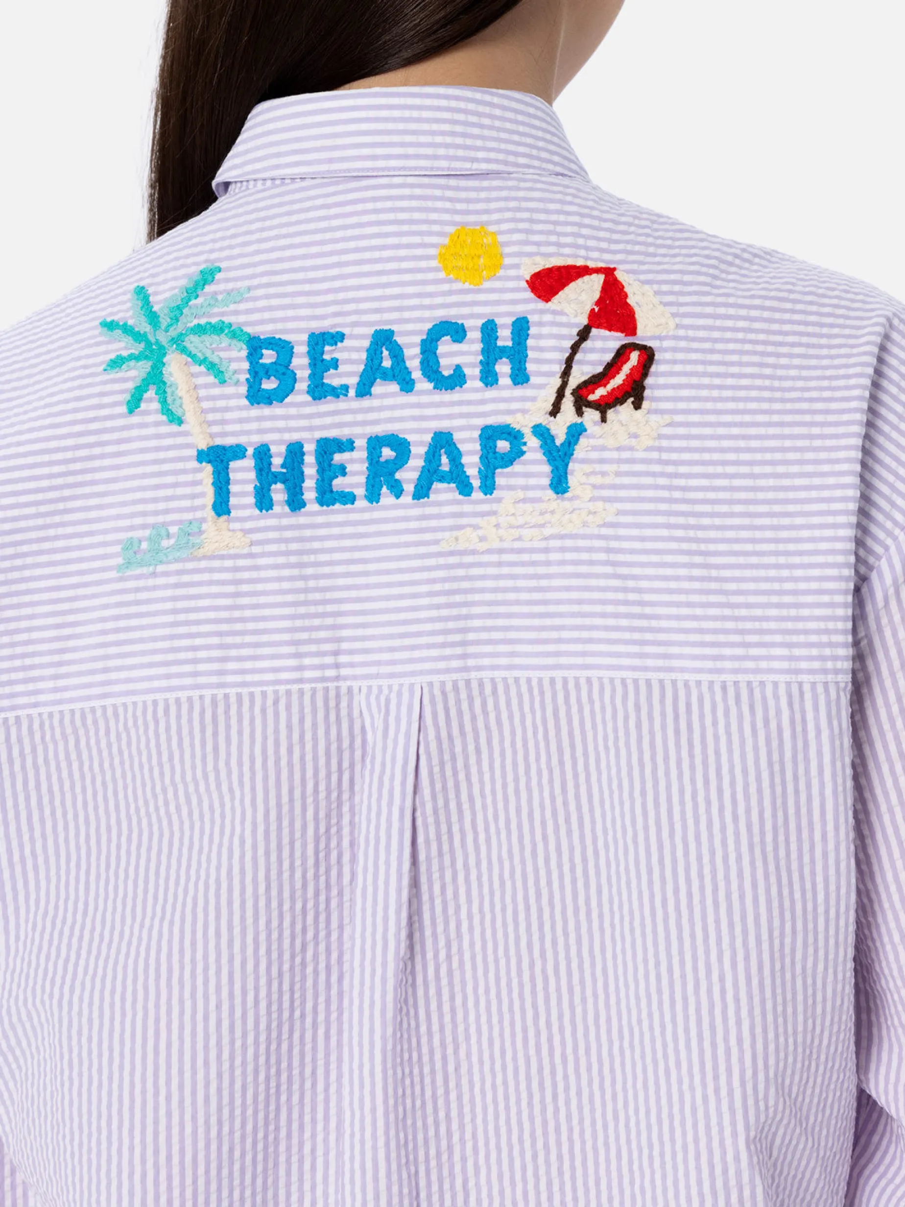 Damen-Überhemd aus Baumwolle mit Streifenmuster Brigitte und Beach Therapy-Stickerei vorn und hinten