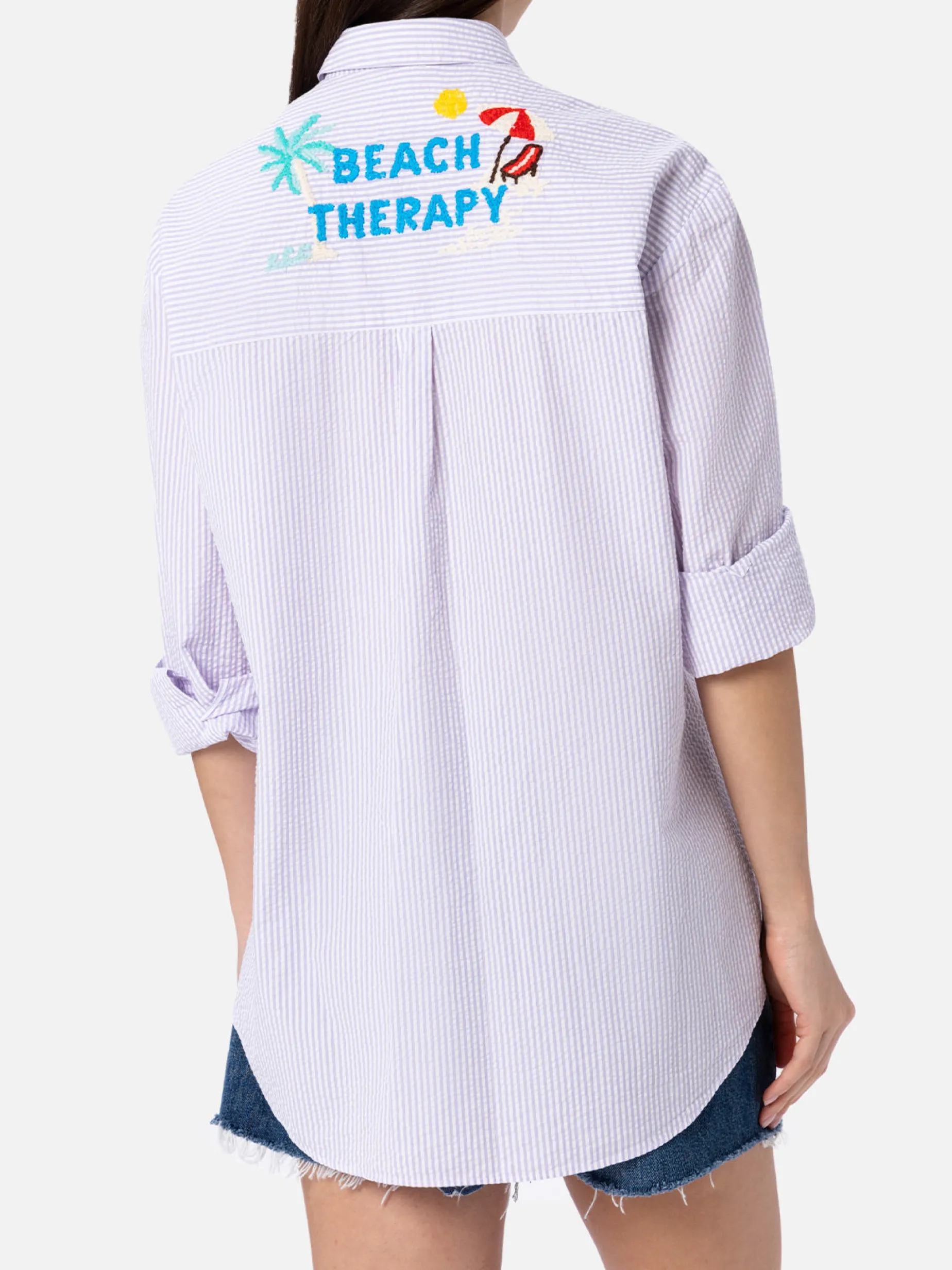 Damen-Überhemd aus Baumwolle mit Streifenmuster Brigitte und Beach Therapy-Stickerei vorn und hinten