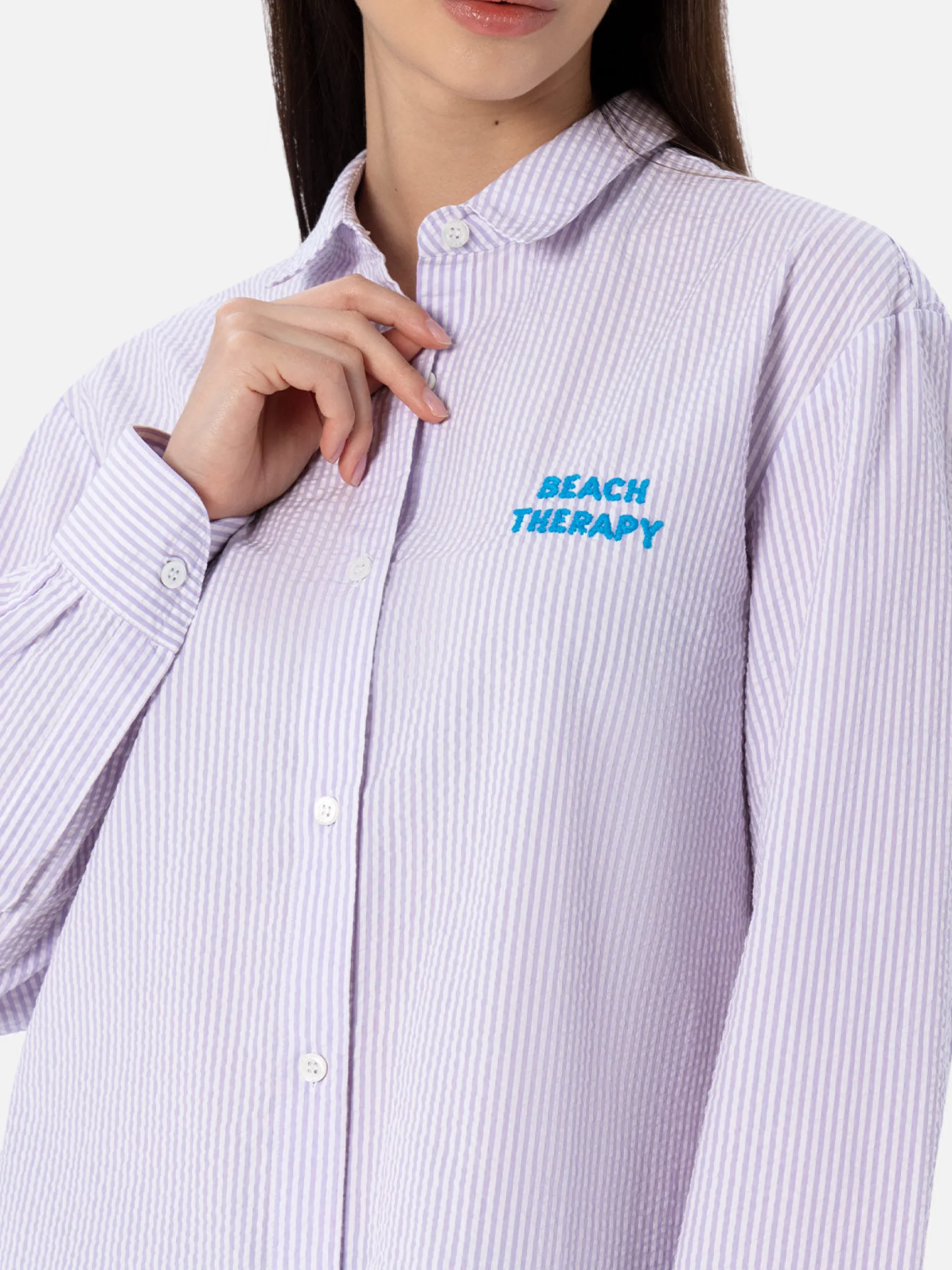 Damen-Überhemd aus Baumwolle mit Streifenmuster Brigitte und Beach Therapy-Stickerei vorn und hinten