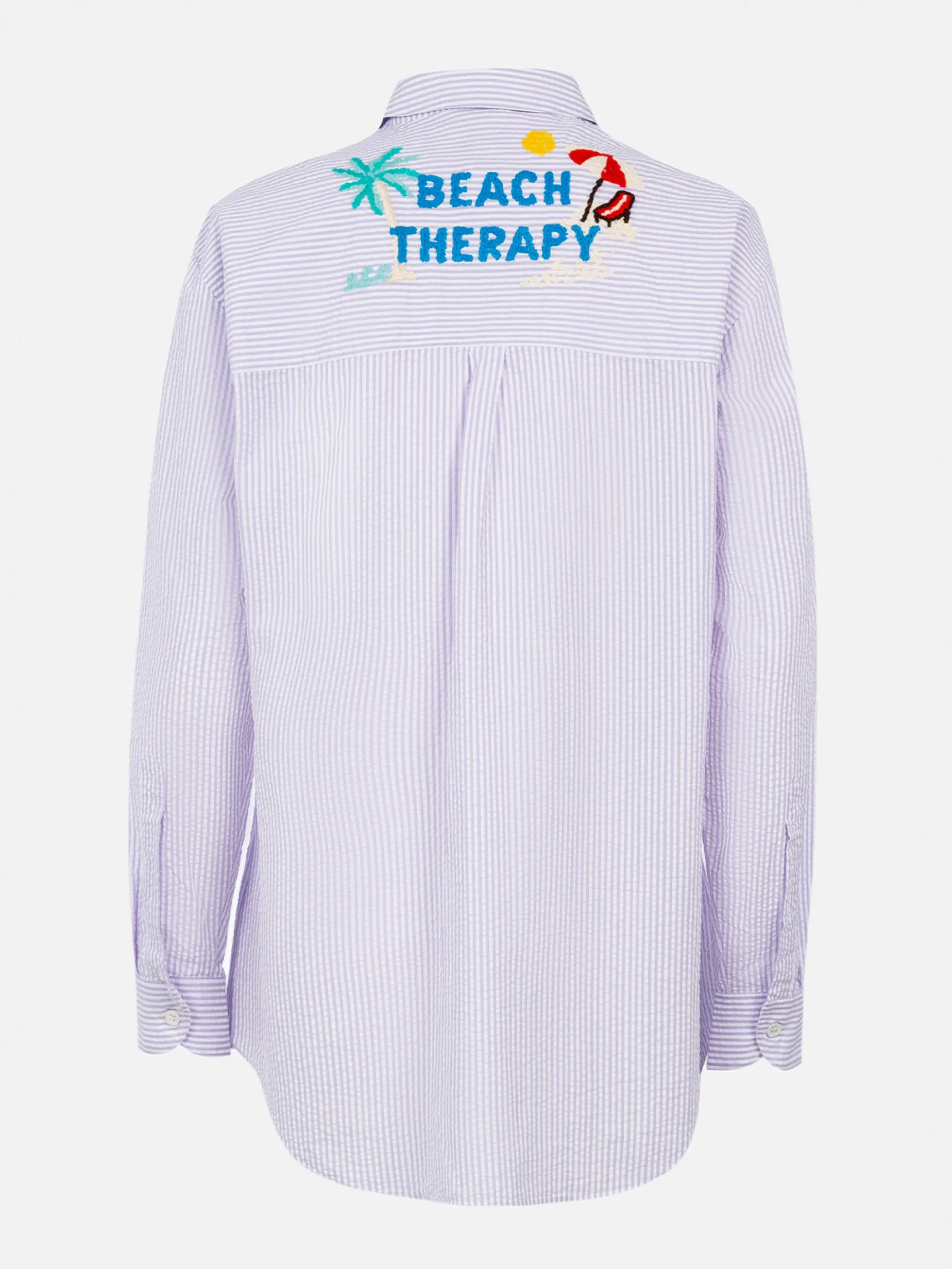 Damen-Überhemd aus Baumwolle mit Streifenmuster Brigitte und Beach Therapy-Stickerei vorn und hinten