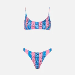 Damen-Bralette-Bikini mit gestreiftem Bandana-Print