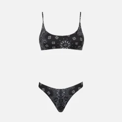 Damen-Bralette-Bikini mit schwarzem Bandana-Print