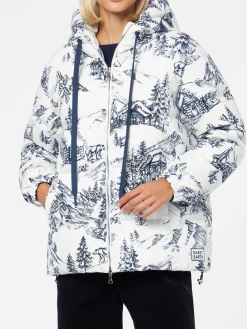 Damen-Daunenjacke mit Kapuze und Toile-de-Jouy-Print