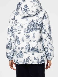 Damen-Daunenjacke mit Kapuze und Toile-de-Jouy-Print
