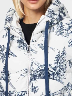 Damen-Daunenjacke mit Kapuze und Toile-de-Jouy-Print